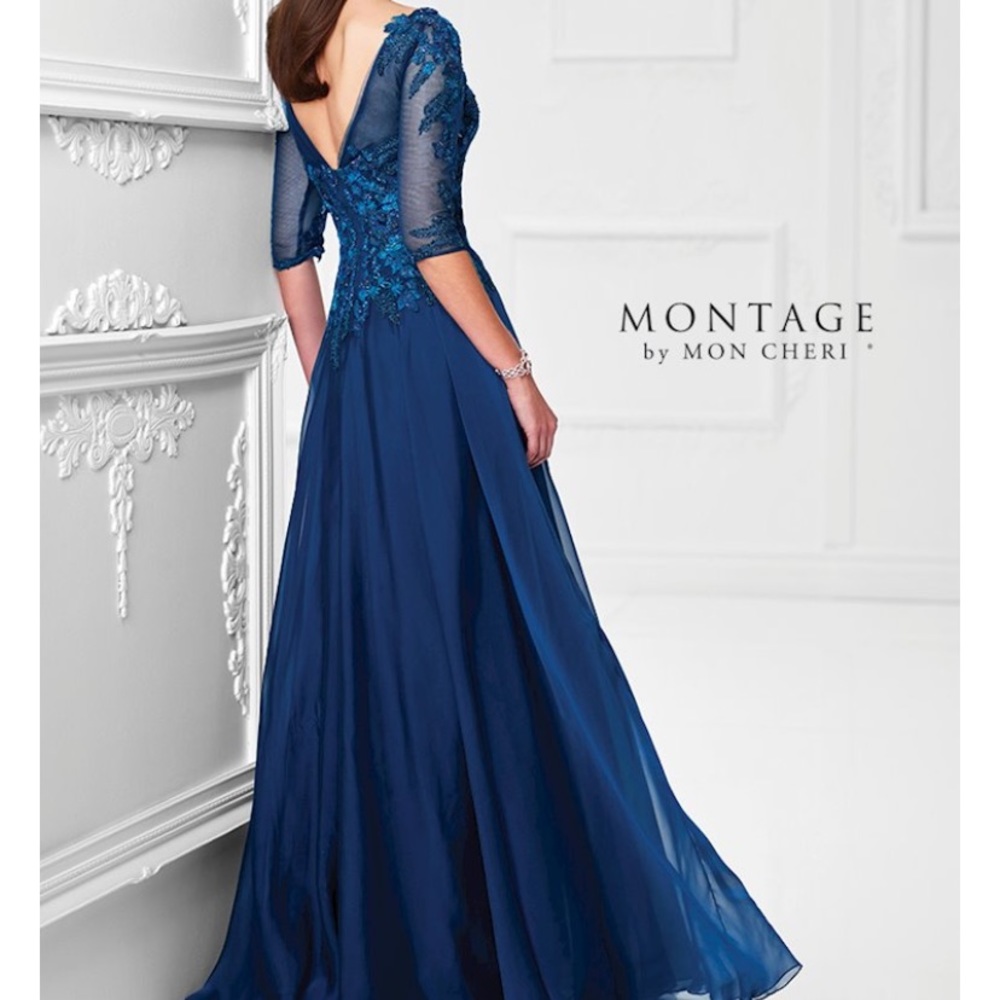 Montage by Moncheri illusion 3/4 length sleevesV- back long gown - Picture 3 of 11